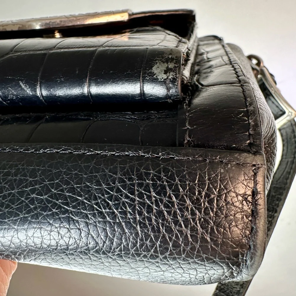 Black Croc-Embossed Leather Crossbody Bag with Silver Trim & Organizer - Picture 9 of 9